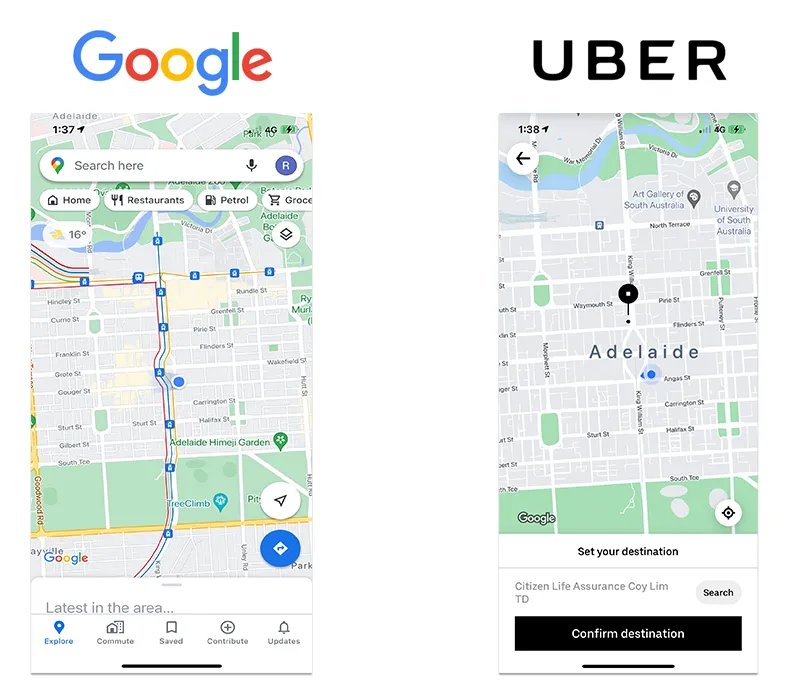 Competitor review: how Google Maps and Uber handle search, location and a single clear action on a map.
