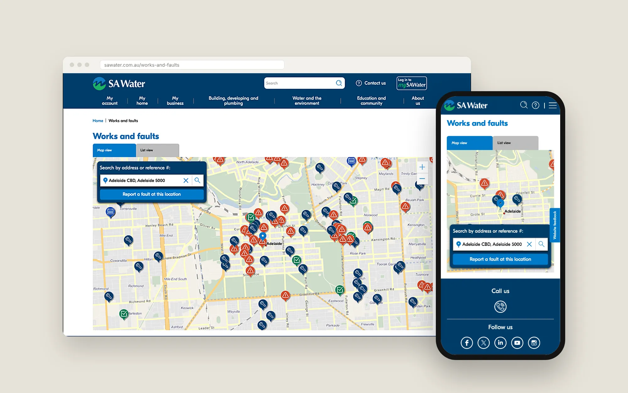 SA Water's works and faults map on desktop in a browser window, with the mobile map view on a phone beside it.