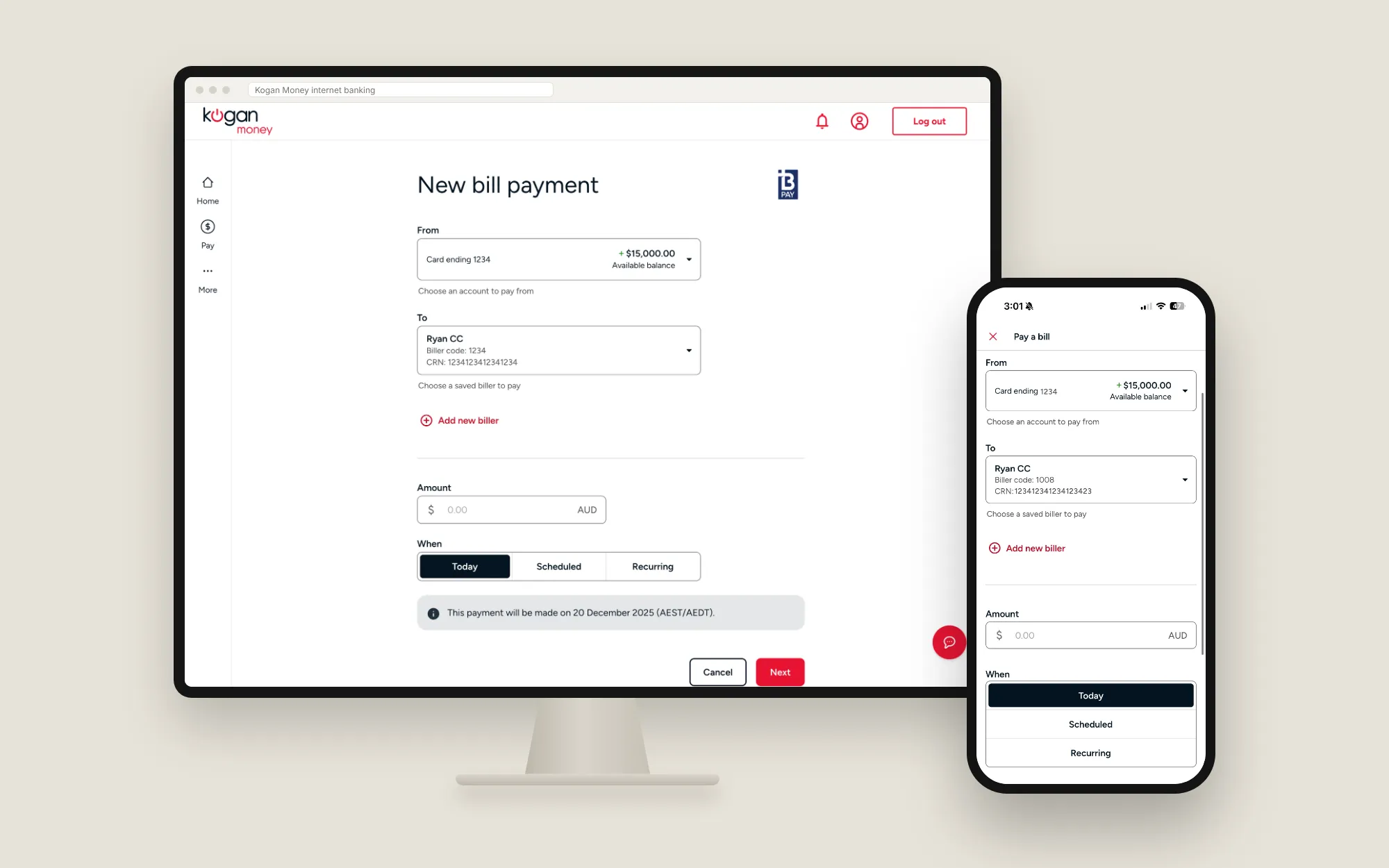 The redesigned "New bill payment" screen in Kogan Money internet banking on a desktop, with the app version on a phone beside it.