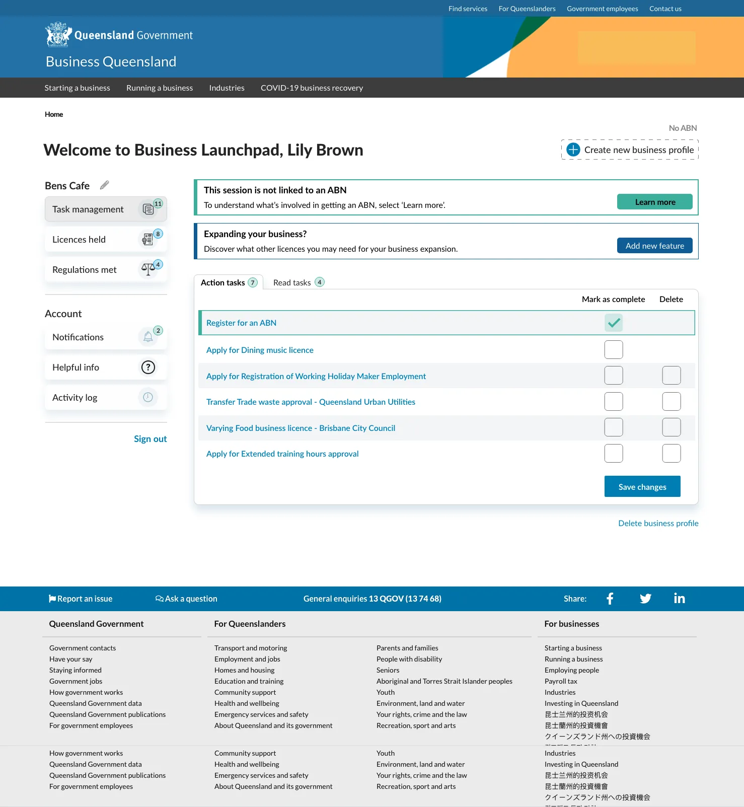 The signed-in dashboard, built around the tasks a business still has to do.