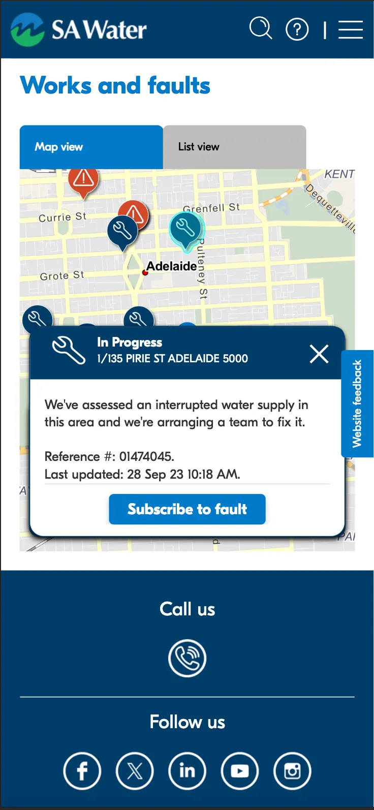 Map view with address search and "Report a fault at this location".