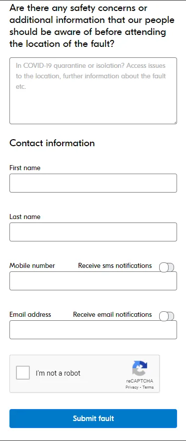 Report flow: safety notes and contact details before submitting.