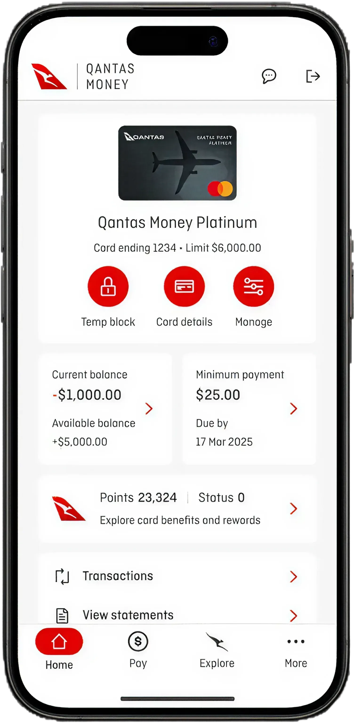 The home screen themed for Qantas Money.