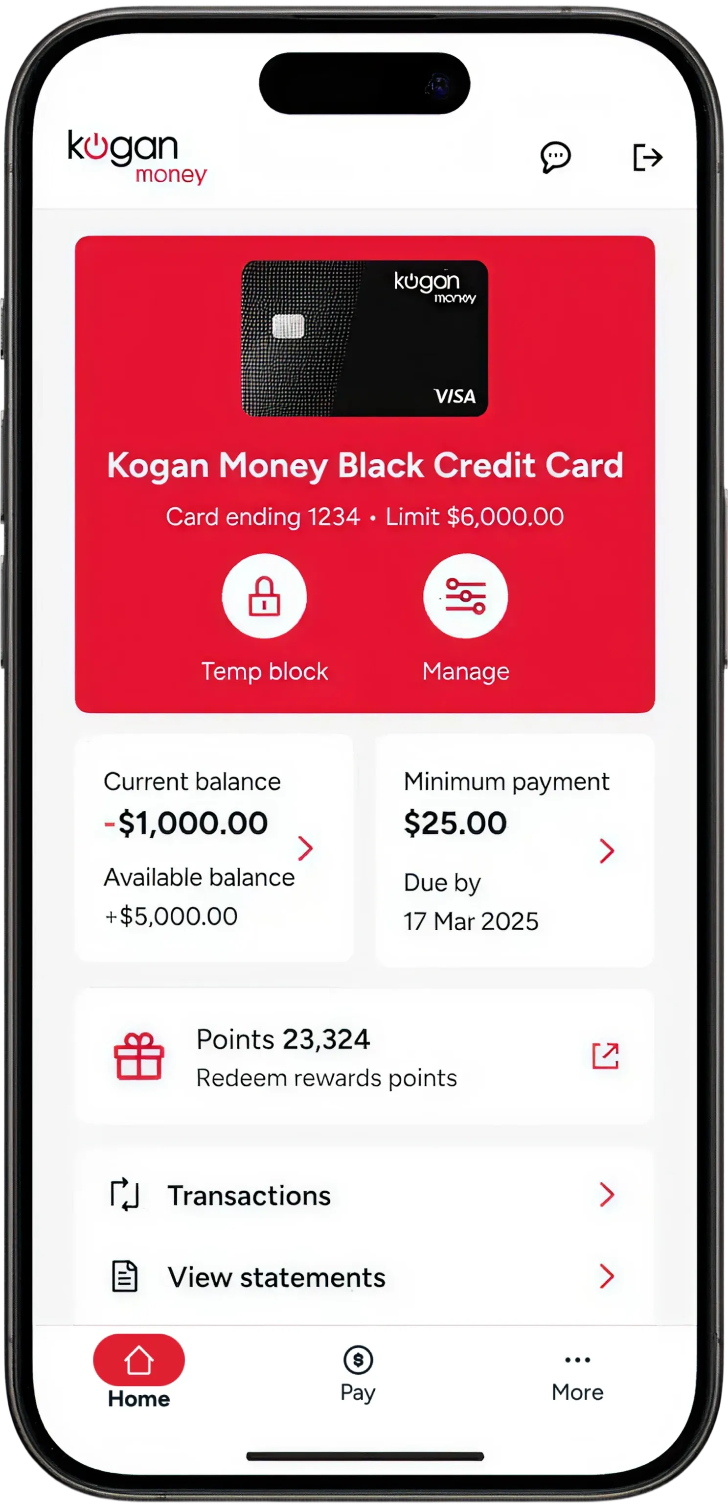 The home screen themed for Kogan Money.