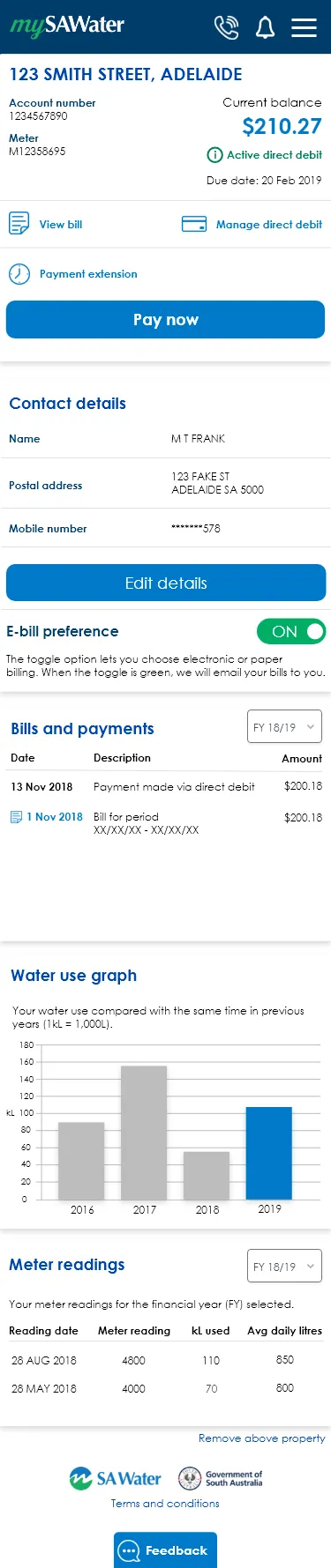 Single property dashboard with bills, contact details and water use graph.