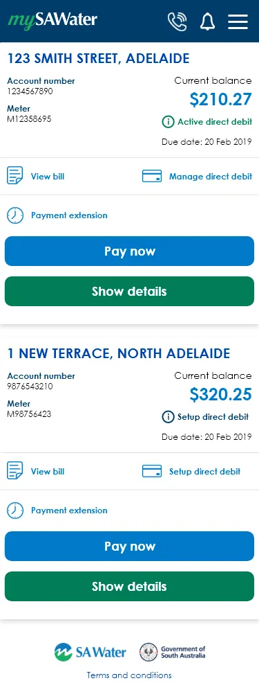 Dashboard with two properties, each showing balance, due date and Pay now.