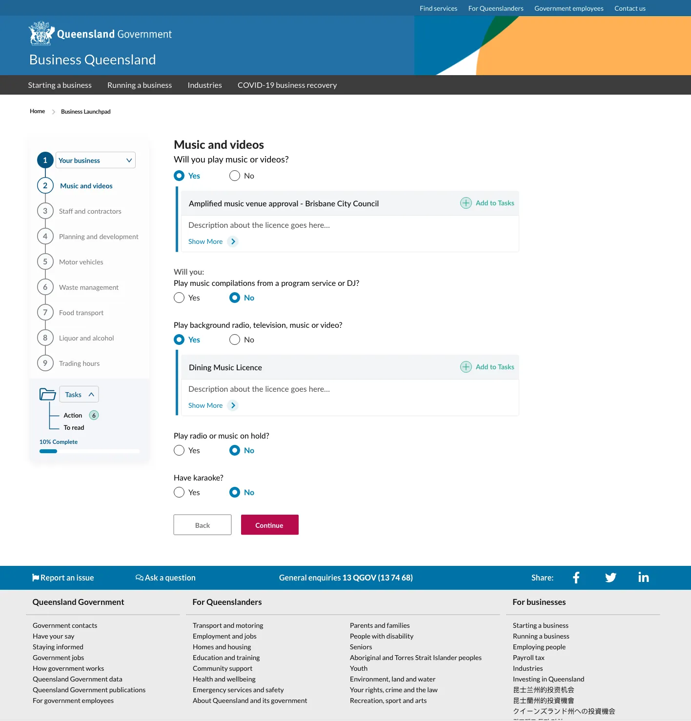 The question flow that works out which licences a business needs.