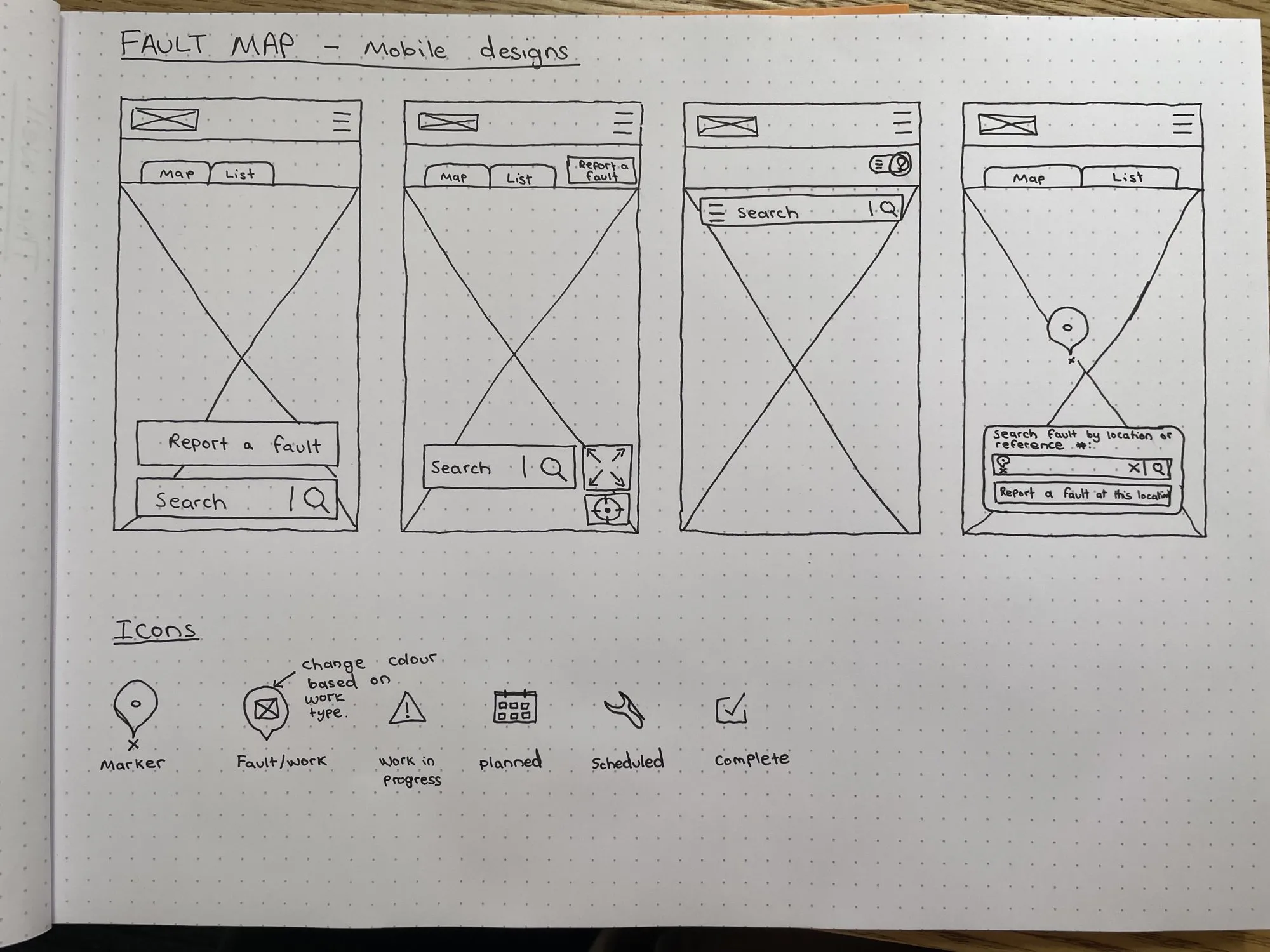 Early sketches: four mobile layouts for the map and list, plus a first pass at the fault icon set.